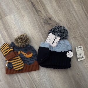 Kids Winter Hat and Mitten Set - Blue and Brown